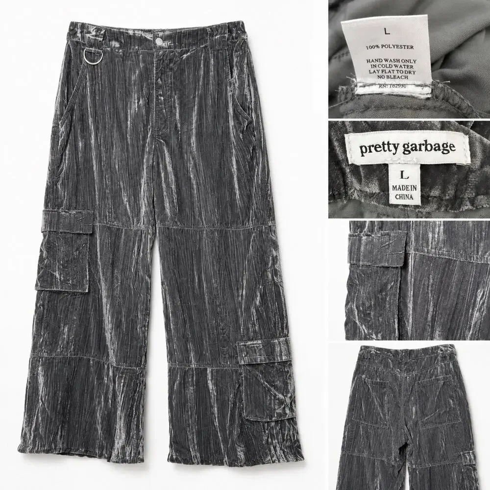 Pretty Garbage Green Crushed Velvet Cargo Pants L Y2K Wide Leg Cropped Utility